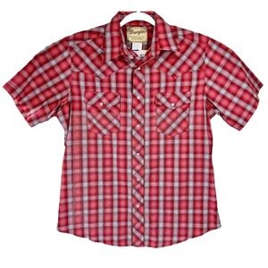 Wrangler Men’s Large Pearl Snap Red Plaid Short Sleeve Western Rodeo Cowboy VGUC